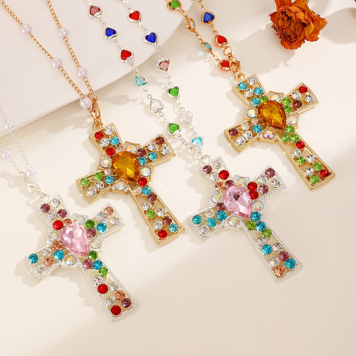 Multicolor Crystal Cross Pearl Necklace