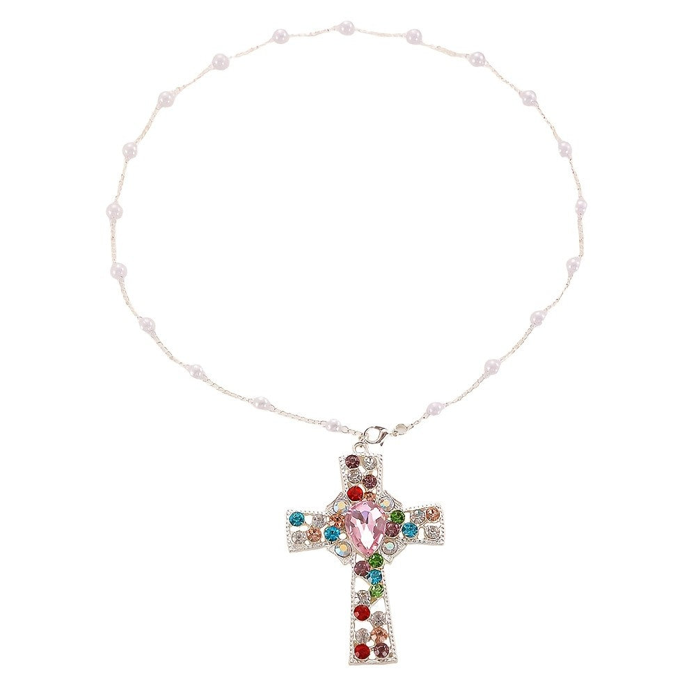 Multicolor Crystal Cross Pearl Necklace
