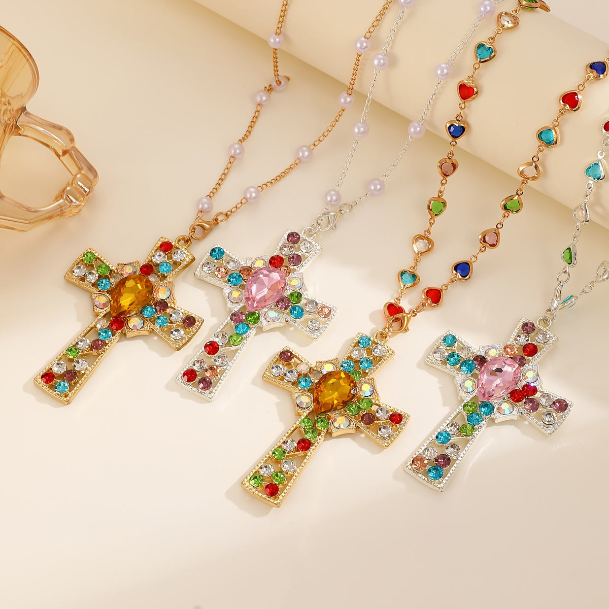 Multicolor Crystal Cross Pearl Necklace