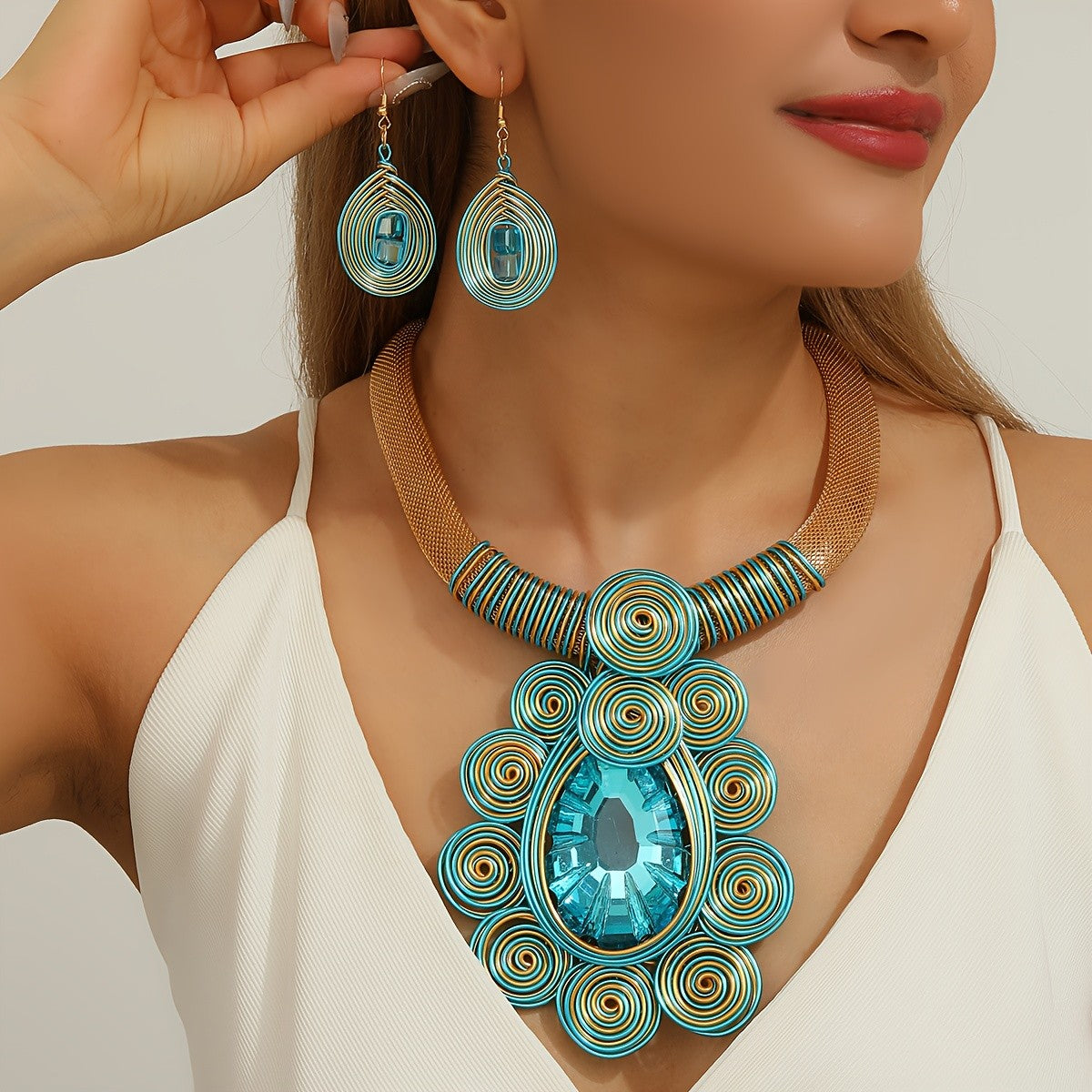 Teal Spiral Crystal Necklace & Earrings Set