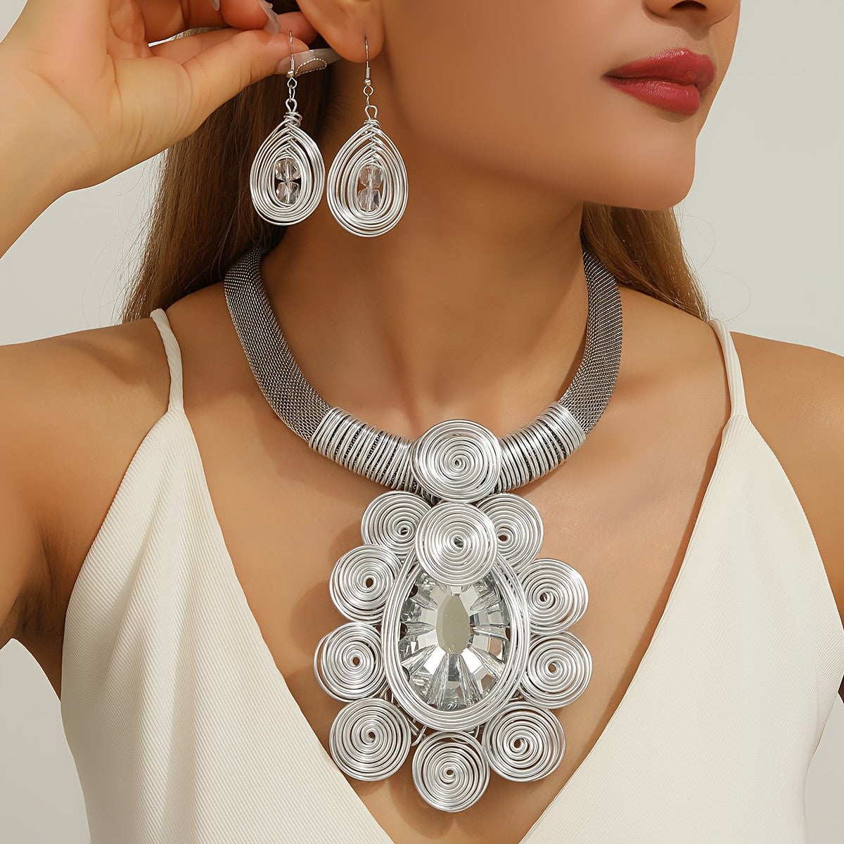 Teal Spiral Crystal Necklace & Earrings Set