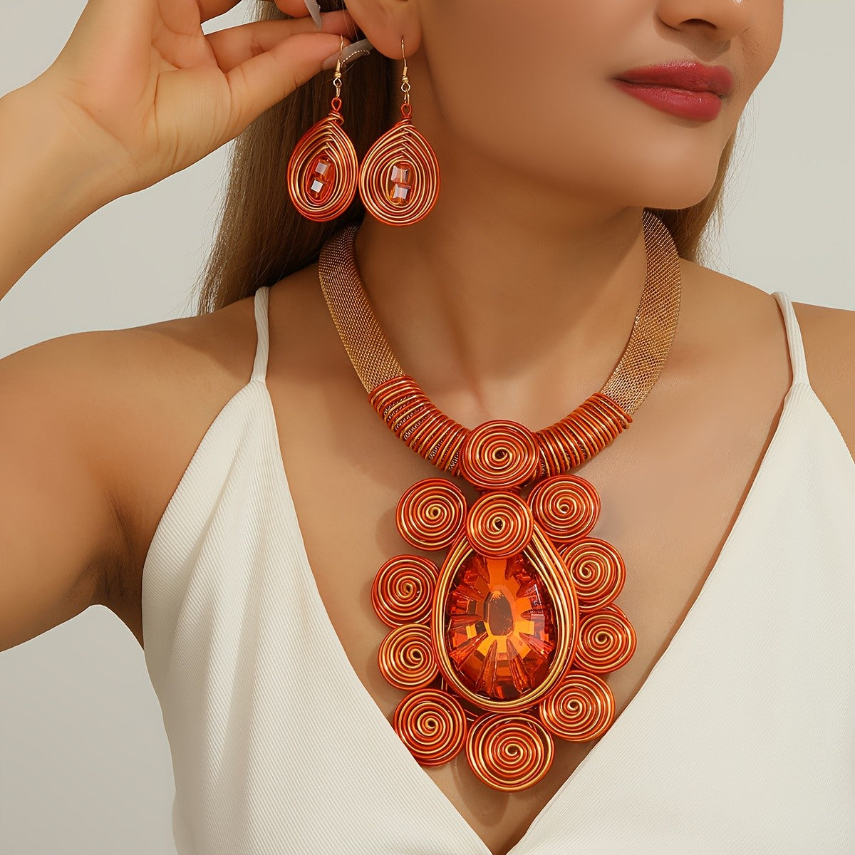 Teal Spiral Crystal Necklace & Earrings Set