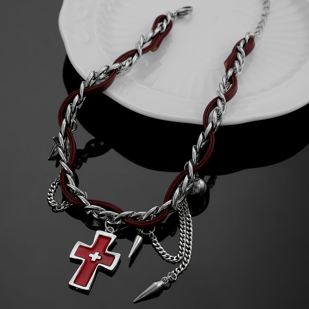 Red Cross & Burgundy Cord Necklace