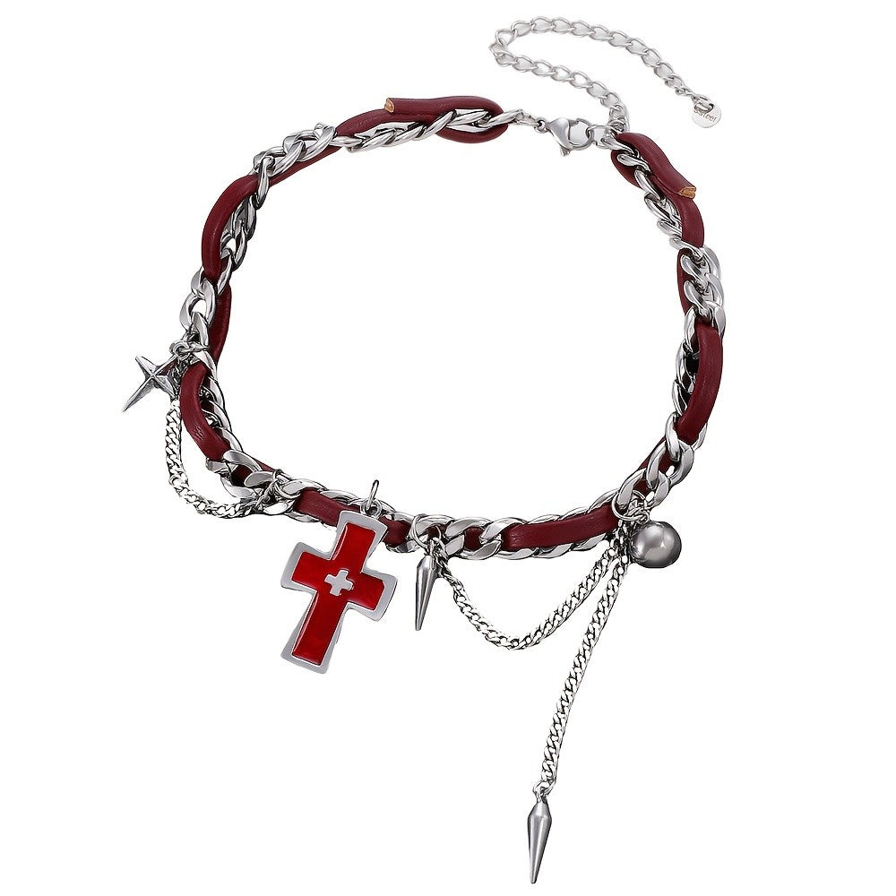 Red Cross & Burgundy Cord Necklace