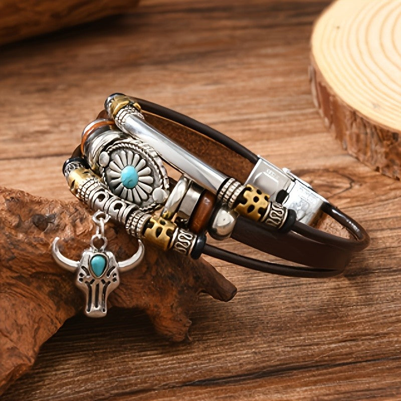 Turquoise Sunflower & Bull Head Leather Bracelet