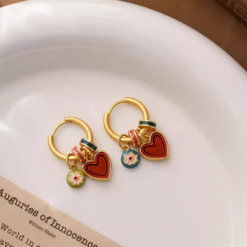 Enamel Heart & Flower Hoop Earrings