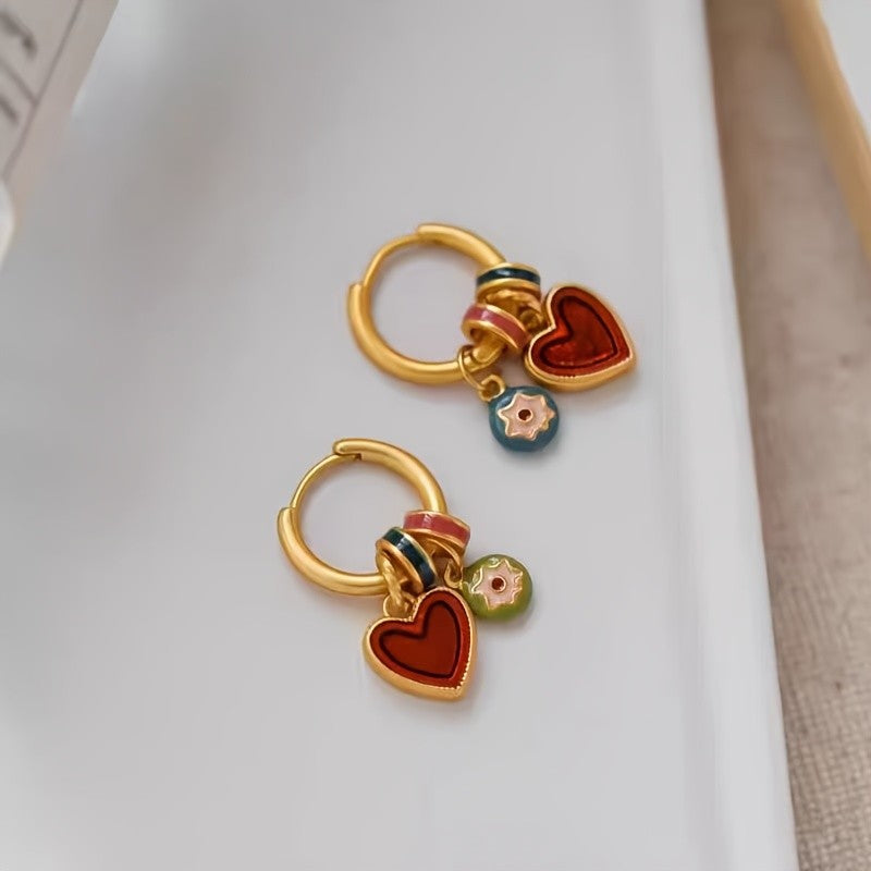 Enamel Heart & Flower Hoop Earrings