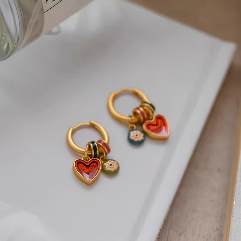 Enamel Heart & Flower Hoop Earrings