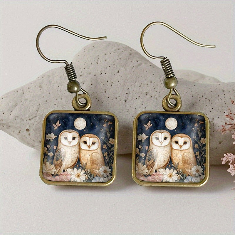 Floral Owl Square Earrings
