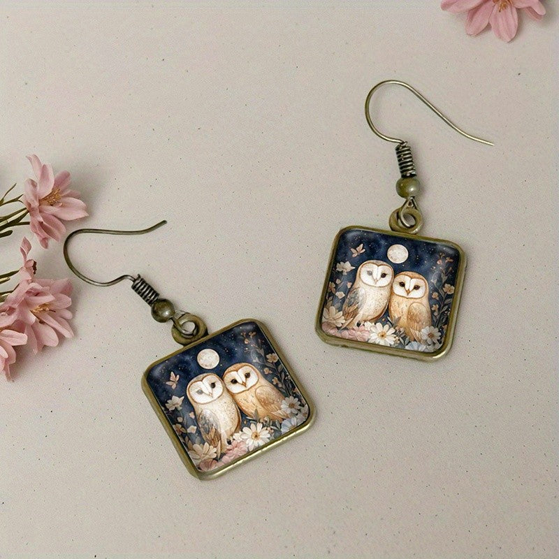Floral Owl Square Earrings