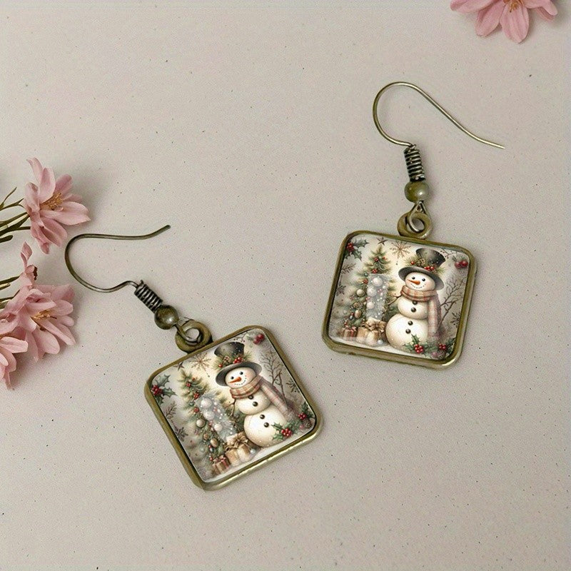 Snowman Scene Square Drop Earrings
