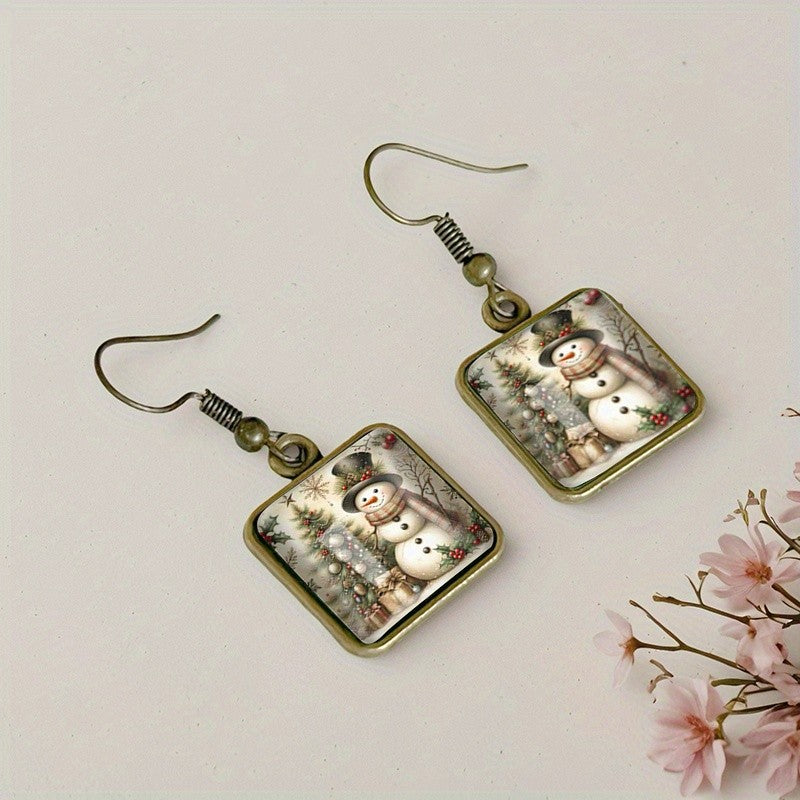 Snowman Scene Square Drop Earrings