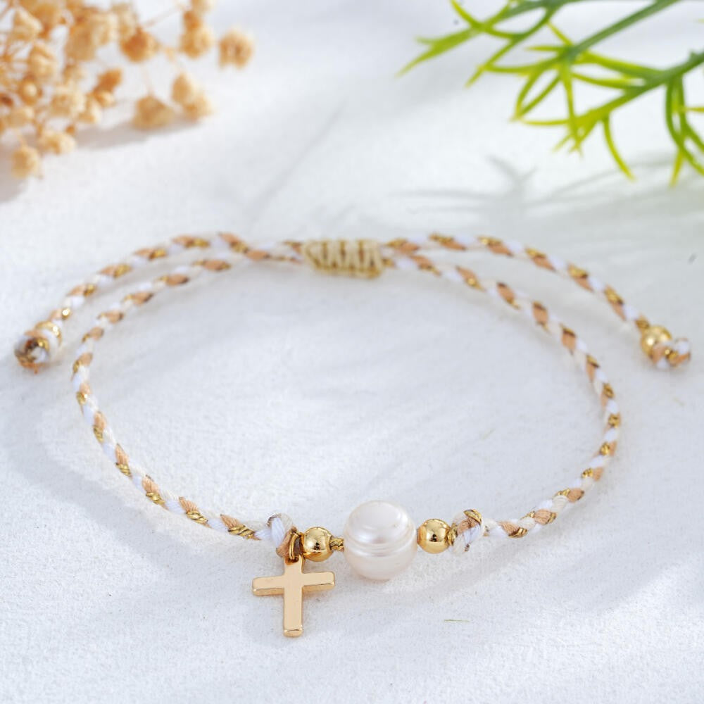 Faux Pearl Cross Rope Bracelet
