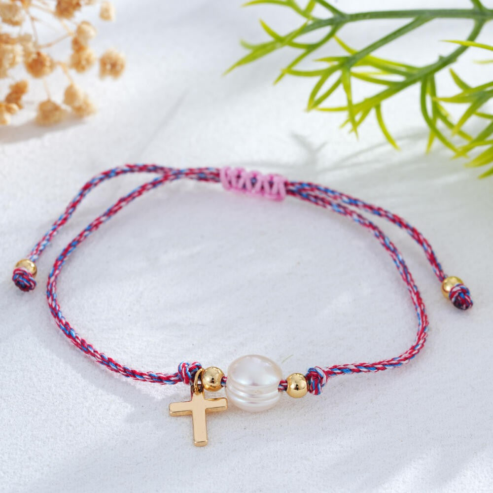 Faux Pearl Cross Rope Bracelet