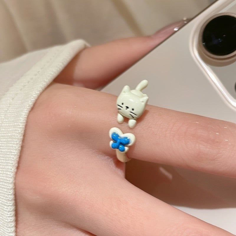 Black Cat & Flower Adjustable Ring Set