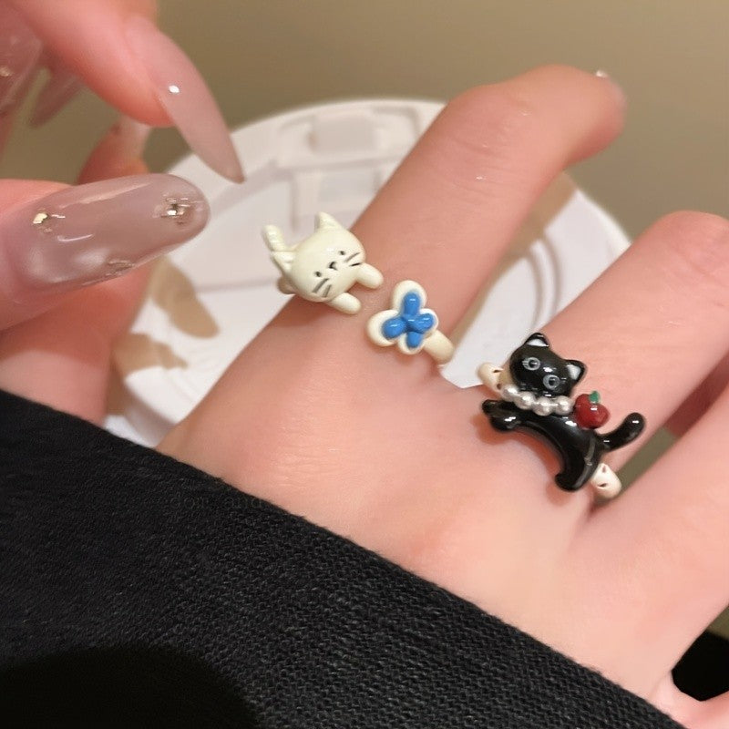 Black Cat & Flower Adjustable Ring Set