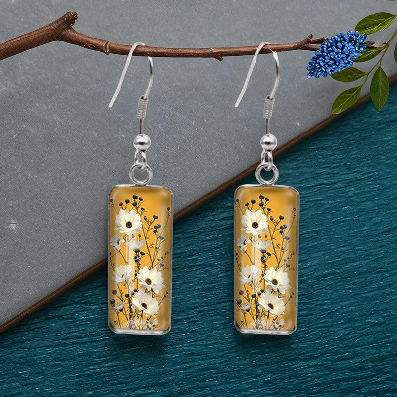 White Floral Rectangle Earrings