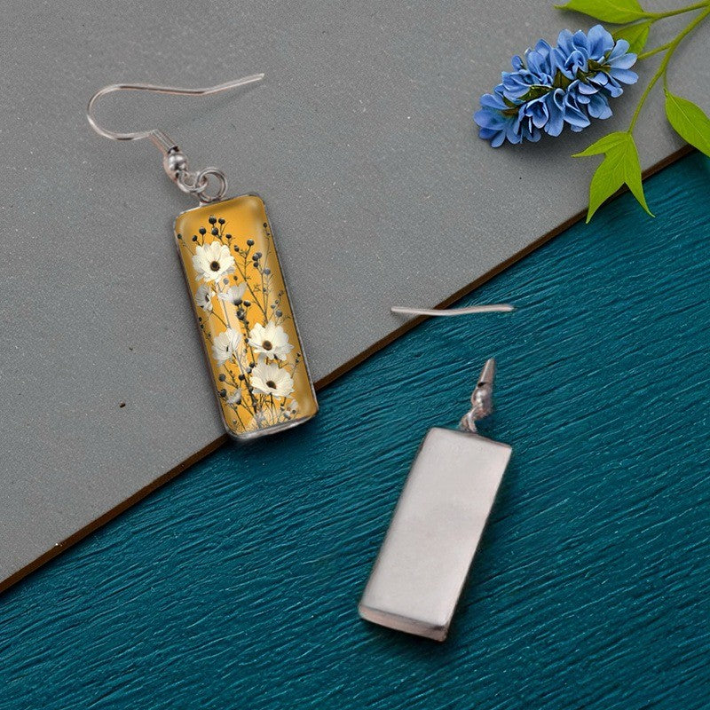 White Floral Rectangle Earrings