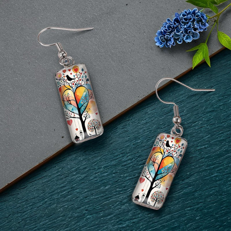 Colorful Tree & Bird Rectangular Earrings