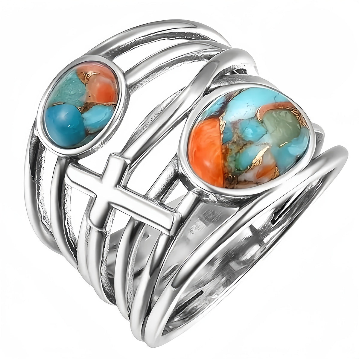 Turquoise Cross Wide Band Ring