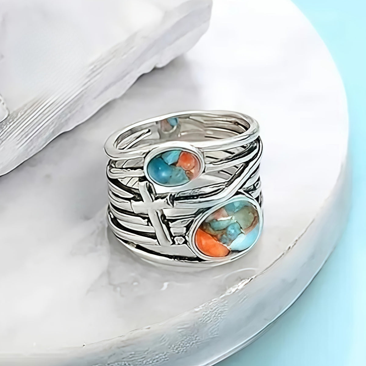 Turquoise Cross Wide Band Ring