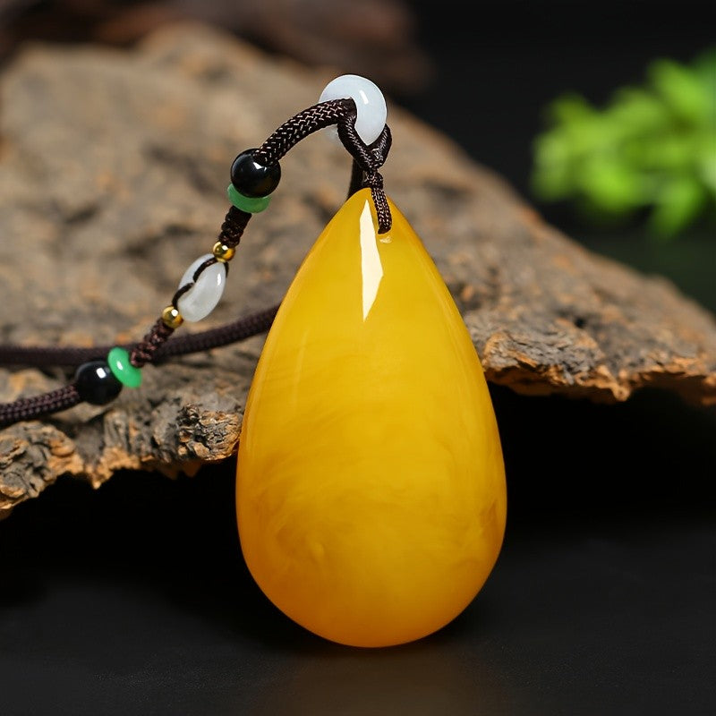 Yellow Amber Teardrop Pendant Necklace