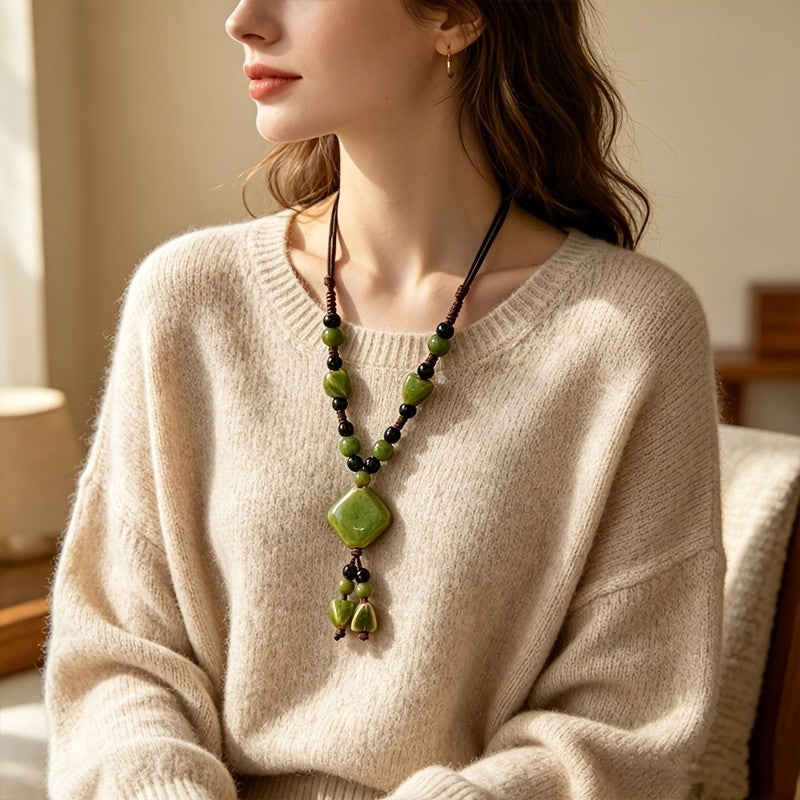 Marbled Ceramic Square Pendant Necklace