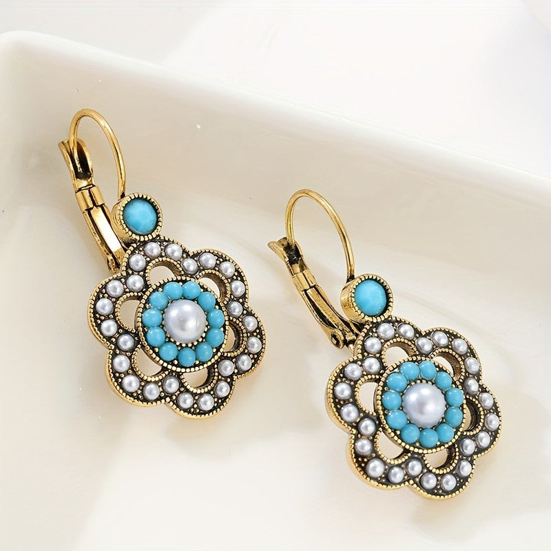 Turquoise Pearl Floral Drop Earrings