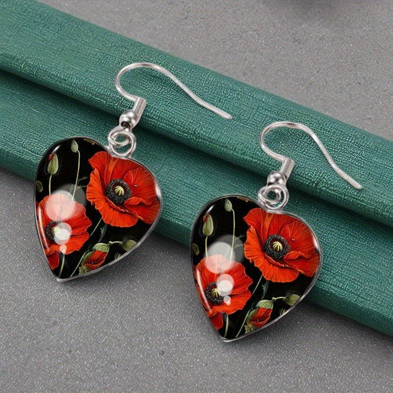 Red Poppy Heart Earrings
