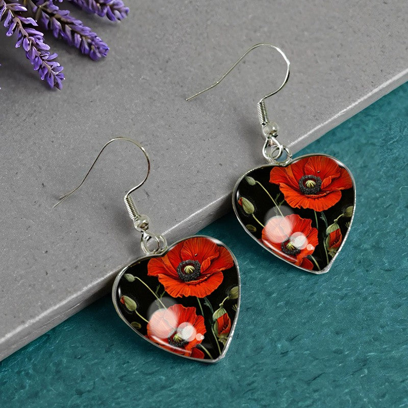 Red Poppy Heart Earrings