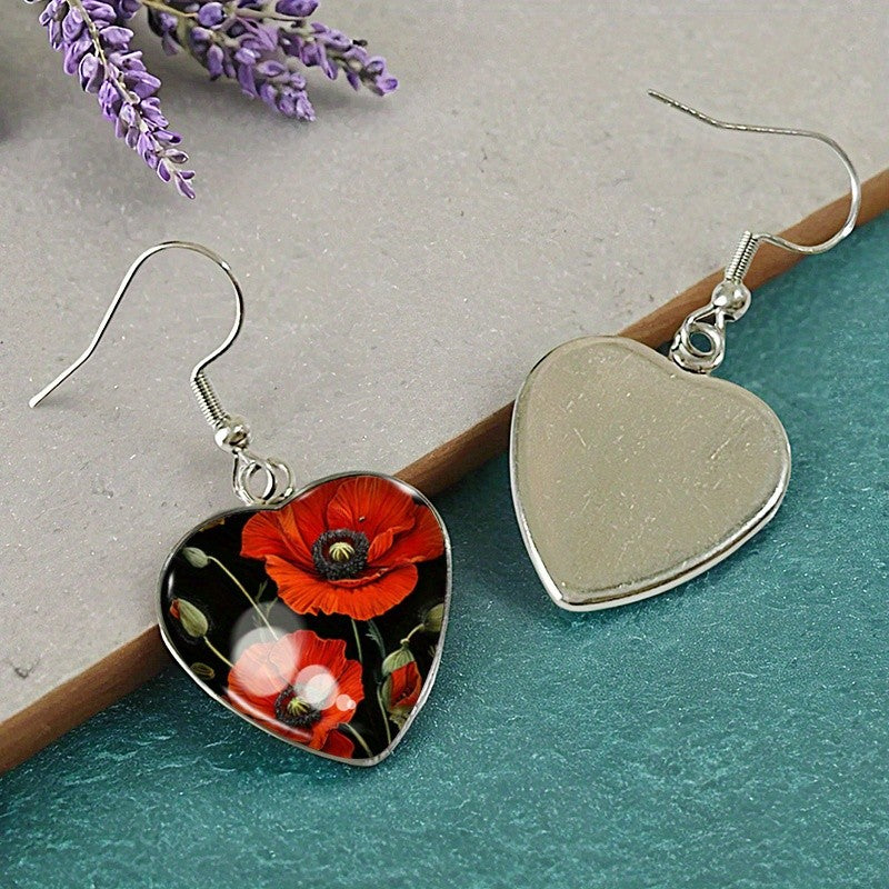 Red Poppy Heart Earrings