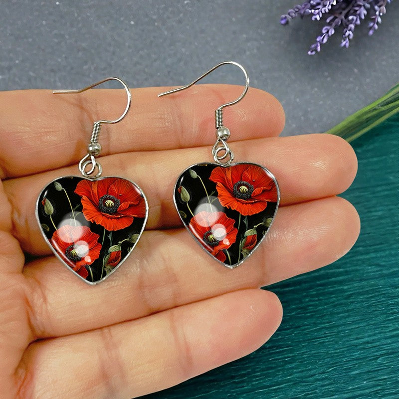 Red Poppy Heart Earrings