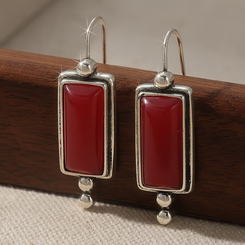 Red Rectangle Drop Earrings