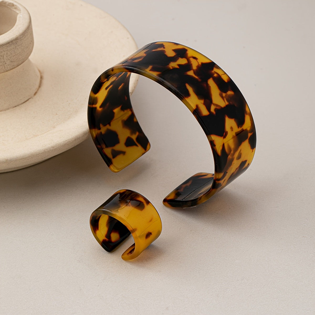 Leopard Print Wide Cuff & Ring Set