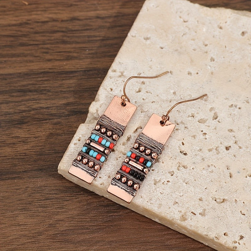 Copper Wire Wrapped Beaded Bar Earrings