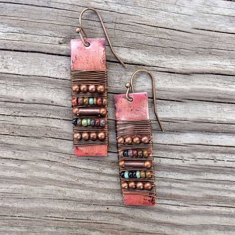 Copper Wire Wrapped Beaded Bar Earrings