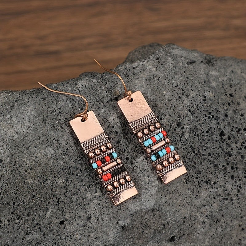 Copper Wire Wrapped Beaded Bar Earrings