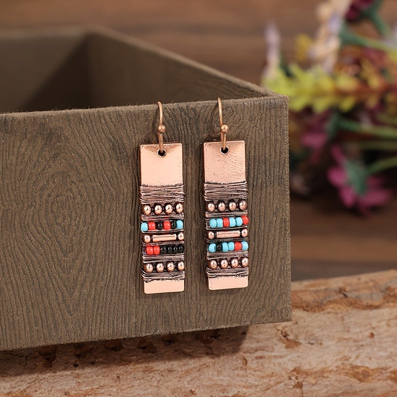 Copper Wire Wrapped Beaded Bar Earrings