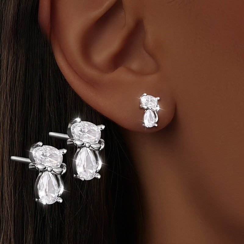 Crystal Cat & Oval Stud Earrings