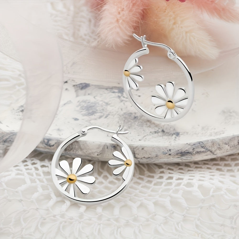 White Enamel Daisy Hoop Earrings