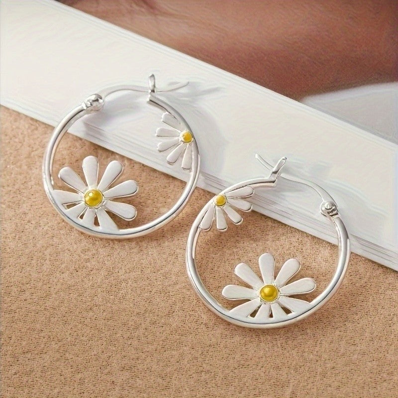 White Enamel Daisy Hoop Earrings