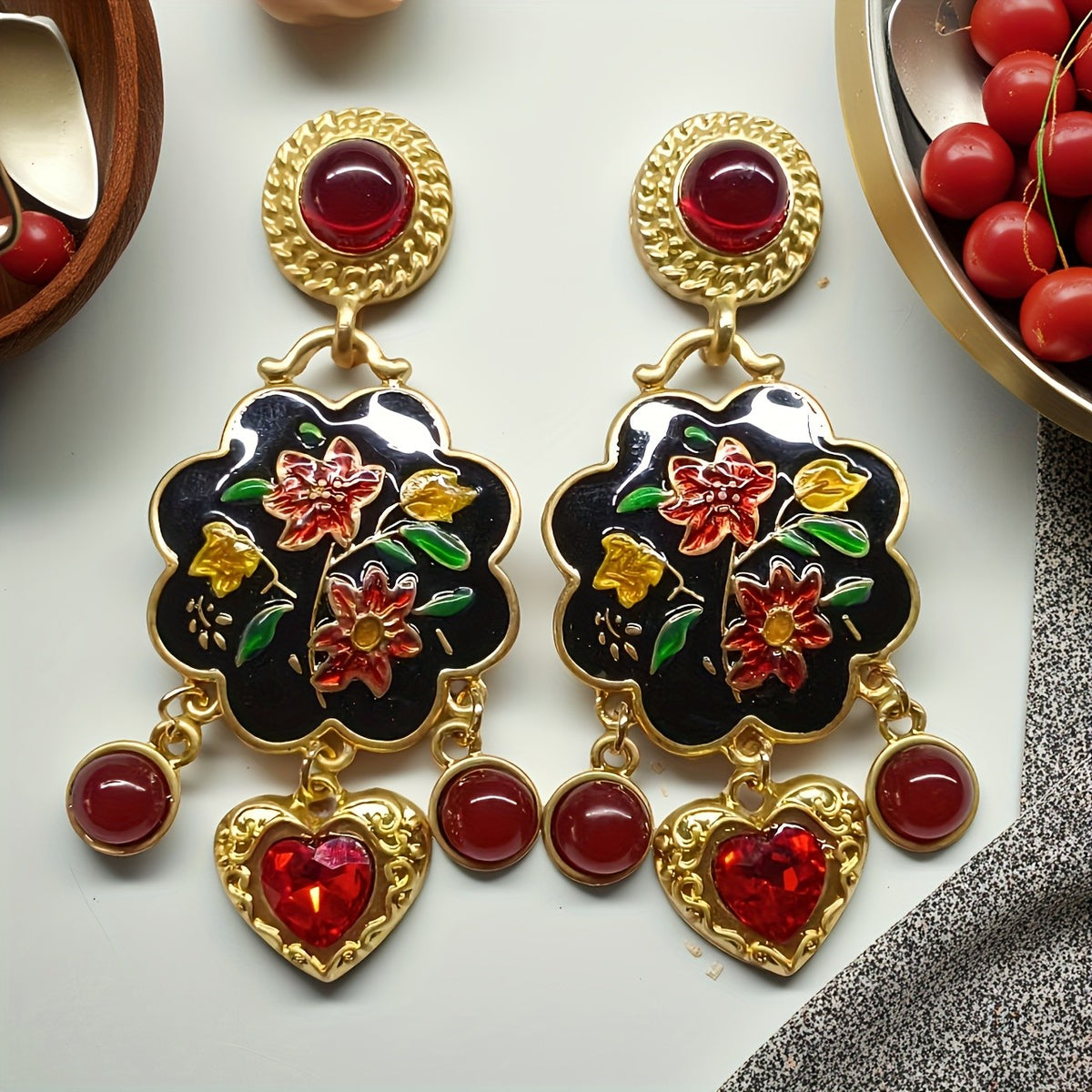 Black Enamel Floral Heart Dangle Earrings