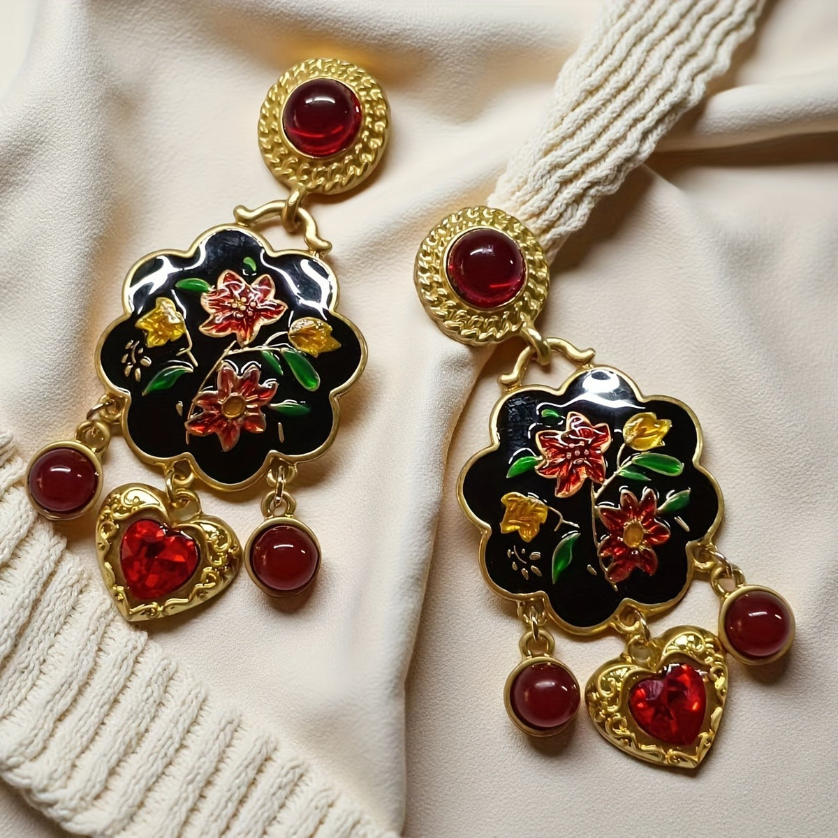 Black Enamel Floral Heart Dangle Earrings
