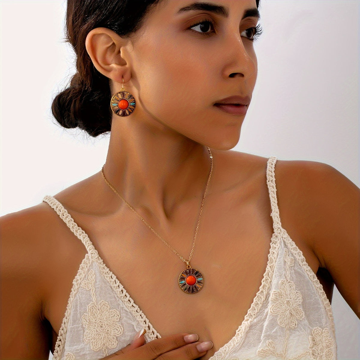 Orange Sunburst Circle Jewelry Set