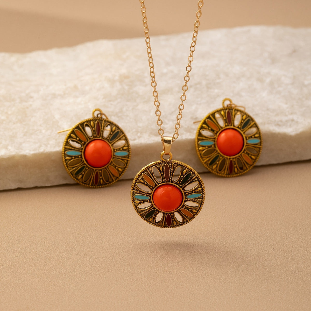 Orange Sunburst Circle Jewelry Set