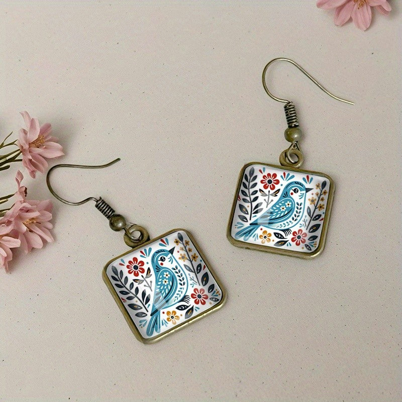 Blue Bird Square Earrings