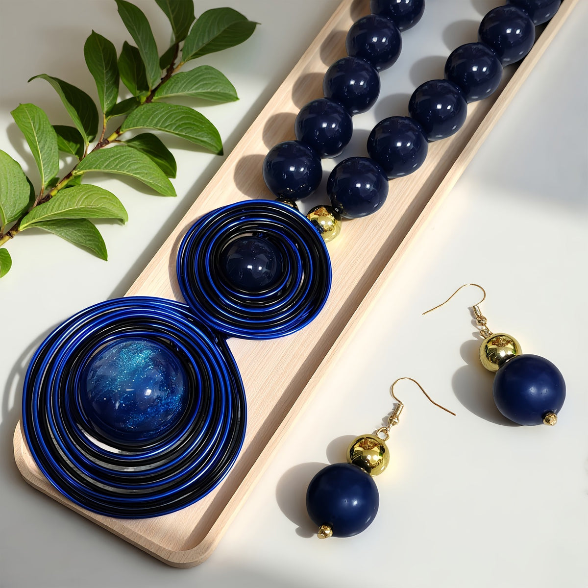 Blue Spiral Bead Necklace & Earring Set