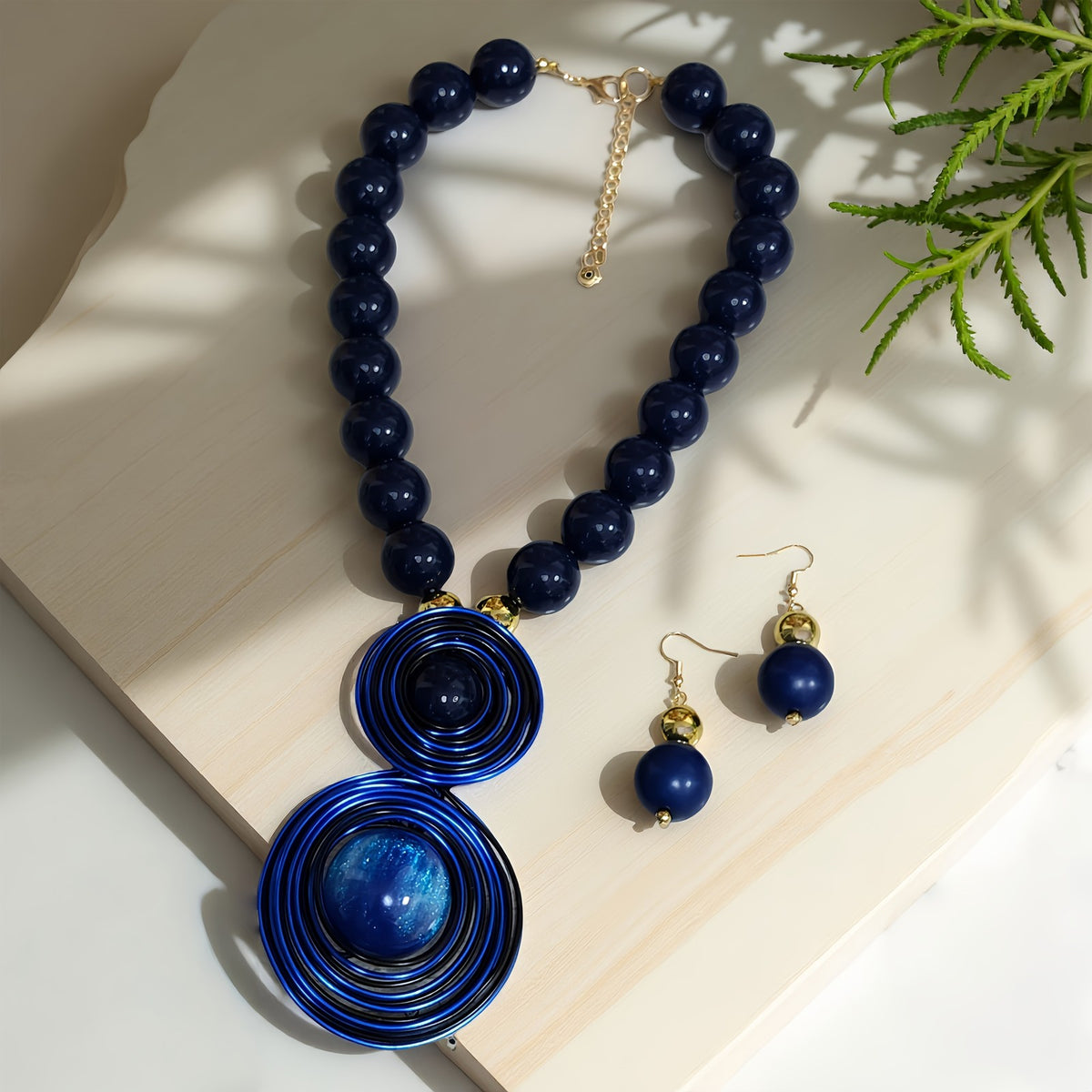 Blue Spiral Bead Necklace & Earring Set