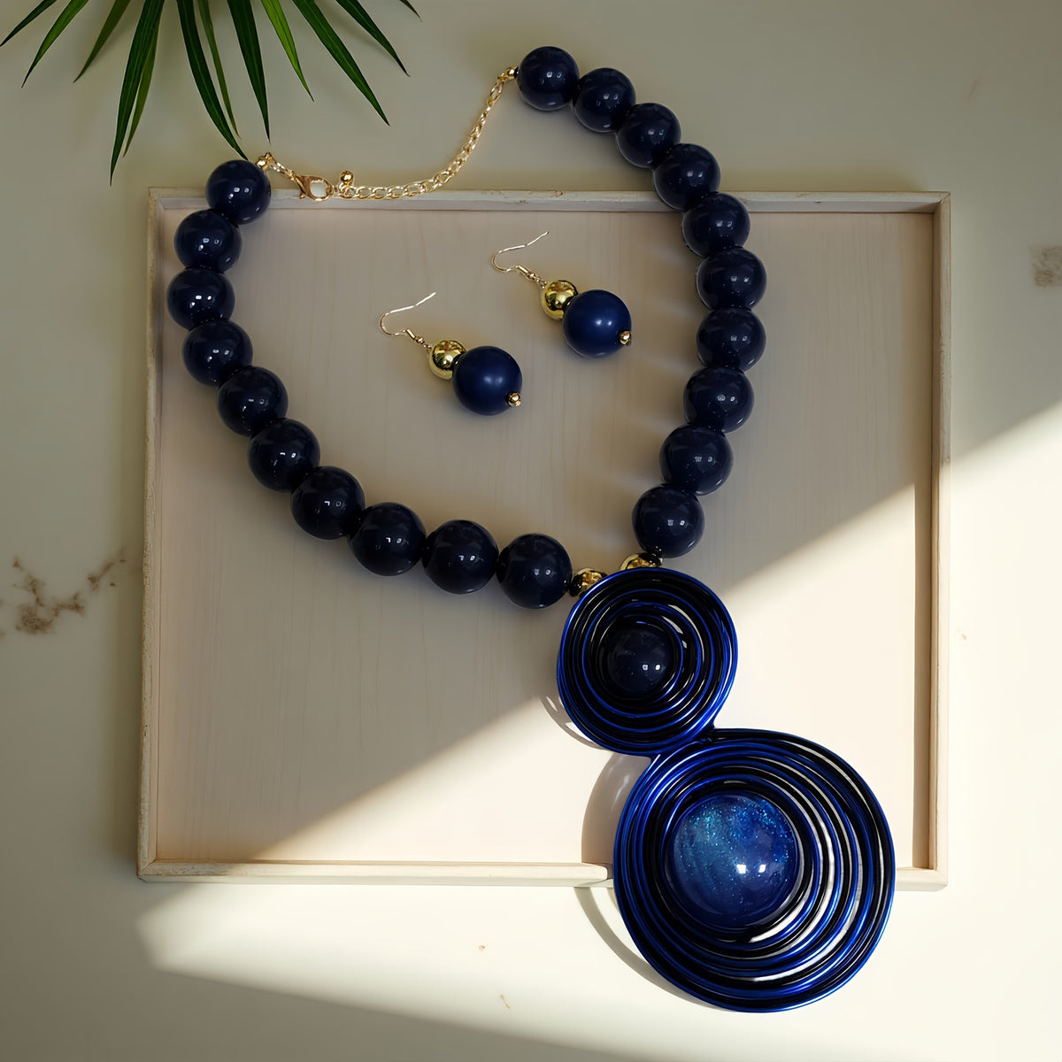 Blue Spiral Bead Necklace & Earring Set