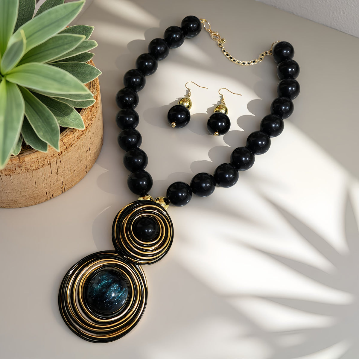 Blue Spiral Bead Necklace & Earring Set